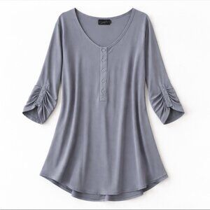 Sympli Grand Tunic Woman 2G 2X Grey Button Detail V Neck Stretch Comfy Office
